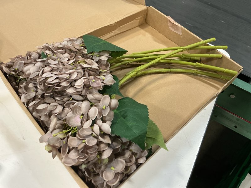 Condition photo showing Good Condition for 8 pcs coffee brown hydrangea artificial flowers 18 inch valentines faux hydrangea flowers with stems fake bouquet bulk realistic floral for spring summer wedding home table indoor decoration