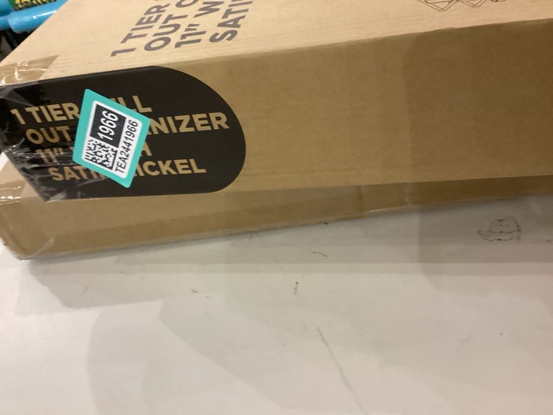 Condition photo showing New/Like New for Home Zone Living Pull Out Kitchen Cabinet Organizer with Slide Out Drawer for Space Saving Storage, 11”W x 21”L, Satin Nickel Light Brown Wood Finish 1 Tier | 11" Width Satin Nickel