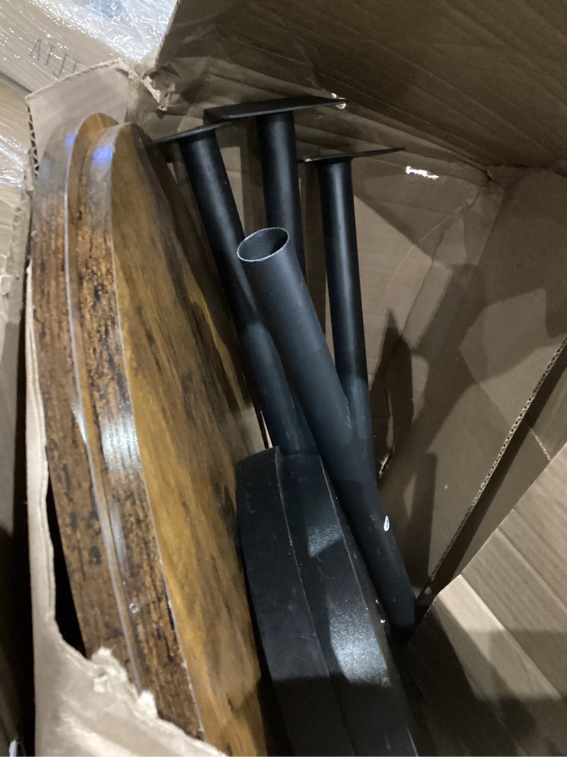 Condition photo showing As Is for similar round pub dining set, 3 piece small kitchen table set with 2 counter height wood bar stools for kitchen breakfast, living room, small space, rustic brown