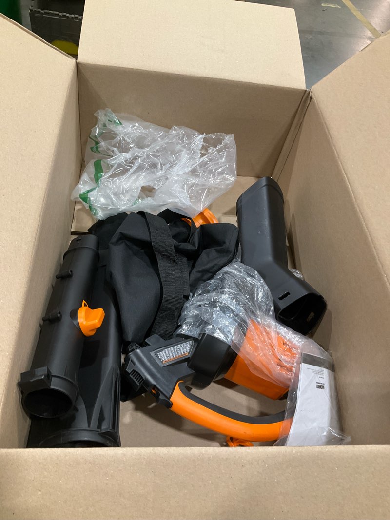 Condition photo showing As Is for worx trivac 3 in 1 electric leaf blower for lawn care, leaf vacuum with 350 cfm & 210 mph, leaf mulcher with metal impeller, reusable bag included, wg505.2 350cfm w/leafpro collection system