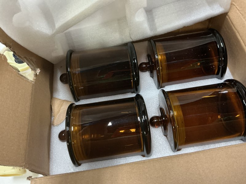 Condition photo showing Good Condition for litivy 4 pack bathroom organizers and storage - 16 oz glass qtip holder & cotton pad dispenser with lid, apothecary jars for home, room decor, kitchen organizer (amber)