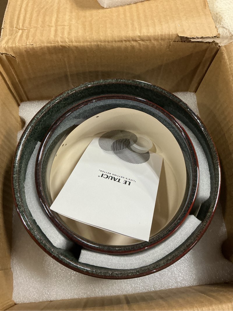 Condition photo showing New/Like New for LE TAUCI Succulent Pots, 6.5+8 Inch Ceramic Pots for Plants Indoor, Shallow Round Succulent Planters with Drainage Hole, Set of 2, Reactive Glaze Black