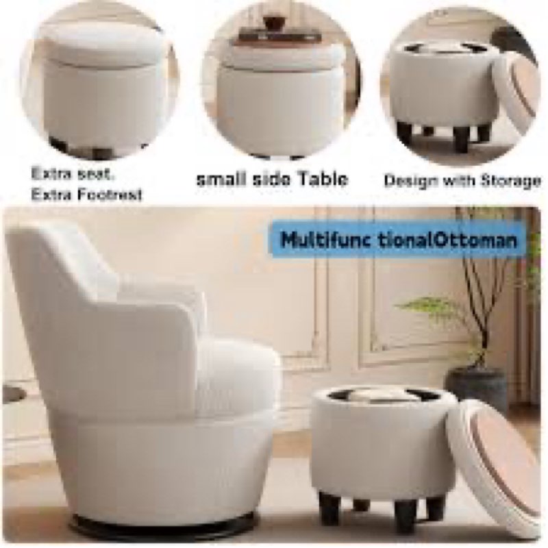 Ball & Cast 360 Swivel Accent Arm Chair with Storage Ottoman, Modern Blue Linen Fabric Barrel Chair & Footstool