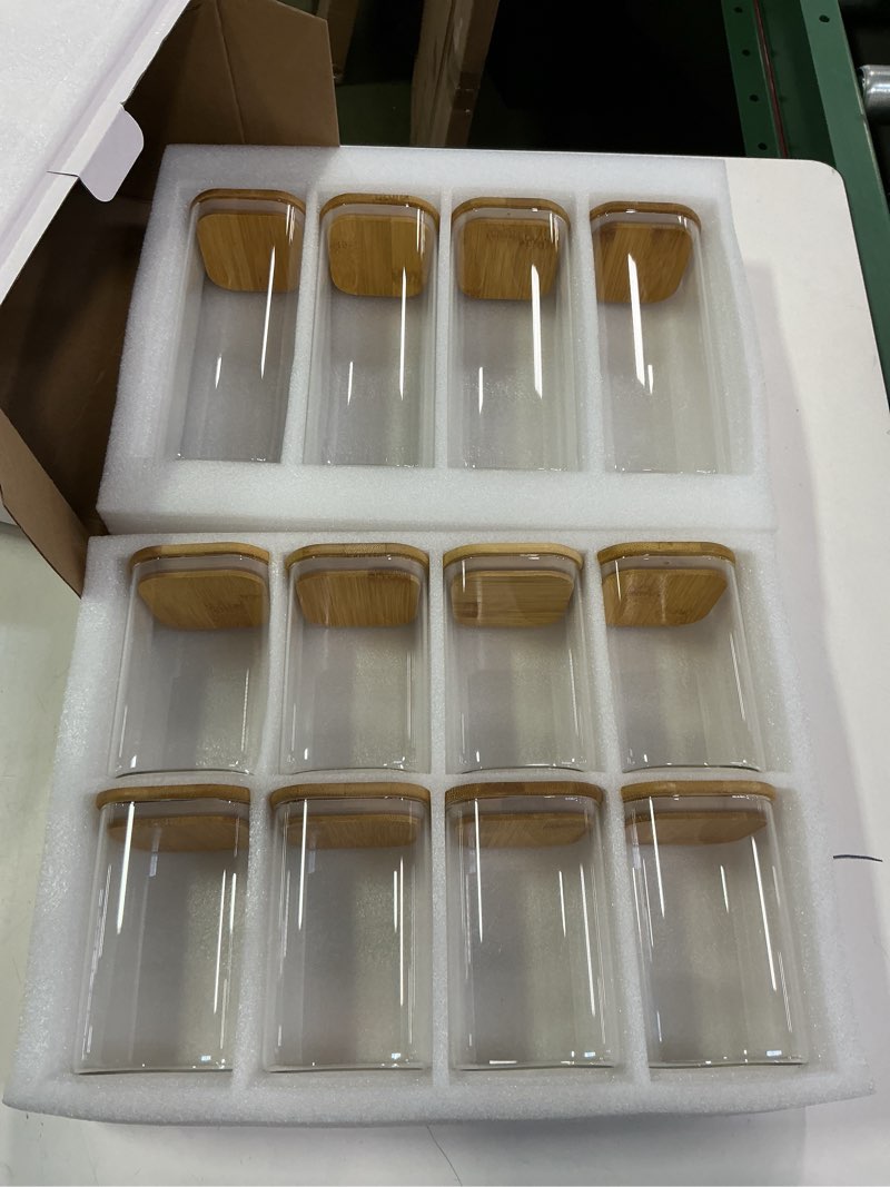 Condition photo showing New/Like New for LIBWYS 12-Pack Square Glass Storage Jars with Bamboo Lids (0.6Qt/1.06Qt) - Stackable Food Containers for Pantry Organization, Coffee, Flour, Snacks, Tea | Kitchen Canisters Set 12pcs