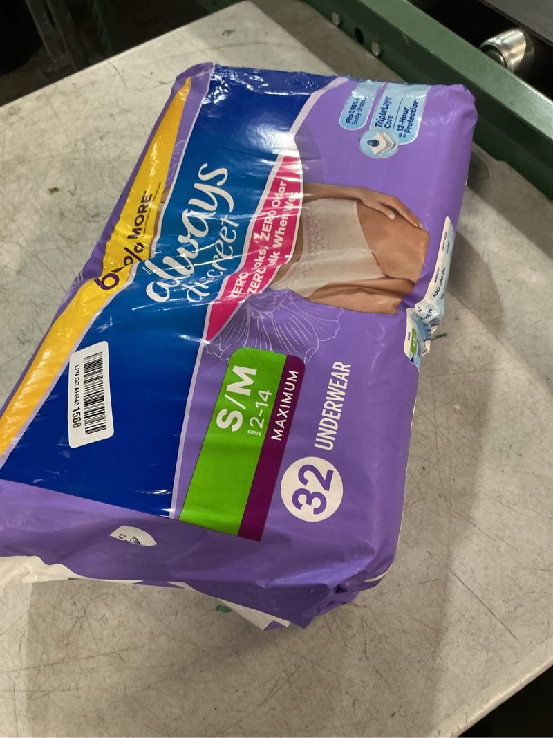 Condition photo showing New/Like New for always discreet adult diapers for women, incontinence underwear, postpartum essentials, disposable briefs, max absorbency, bladder leak protection, small/medium, 32ct small/medium 32