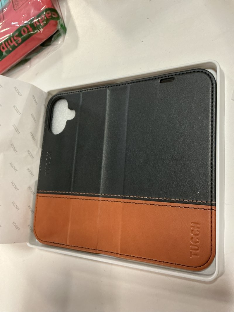 Condition photo showing New/Like New for TUCCH Case Wallet for iPhone 16, Magnetic PU Leather Kickstand Flip Cover with 4 Card Slot Shockproof TPU Interior Shell, [RFID Blocking] Folio Case Compatible with iPhone 16 5G, Black & Brown Two-tone Black & Brown
