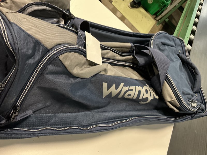 Condition photo showing New/Like New for wrangler 30  drop-bottom rolling duffel with telescopic handle - navy blue
