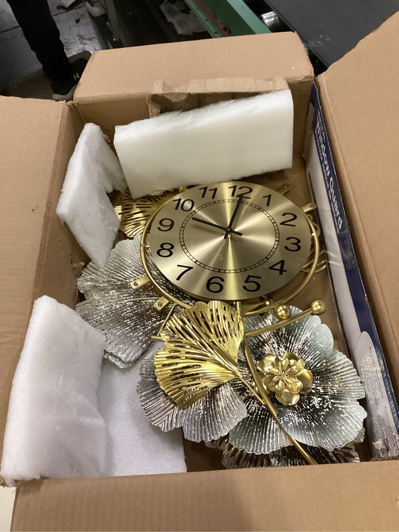 Condition photo showing As Is for Clocks for Living Room, Large Wall Clock, Silent Wall Clock, Retro Metal Ginkgo Leaf Design, for Bedroom Kitchen Decorative Wall Clocks?47''x23'' ? Retro Coffee Color 47'' x 23''