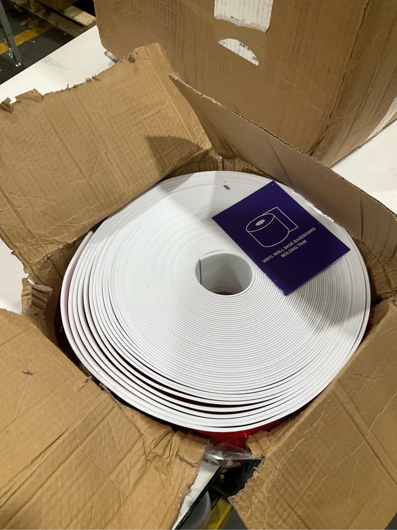 Condition photo showing Good Condition for vinyl baseboard molding trim 4 inch x 100 feet peel and stick baseboard trim flexible pvc cove base moulding self-adhesive trim for garage bathroom cabinet floor walls, white 4inch x 100ft white