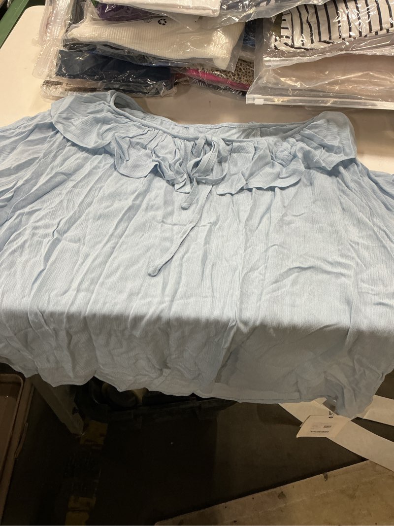 ROSCHICO  plus size shirts for curvy women 3/4 Sleve ruffle neck blouss blue 