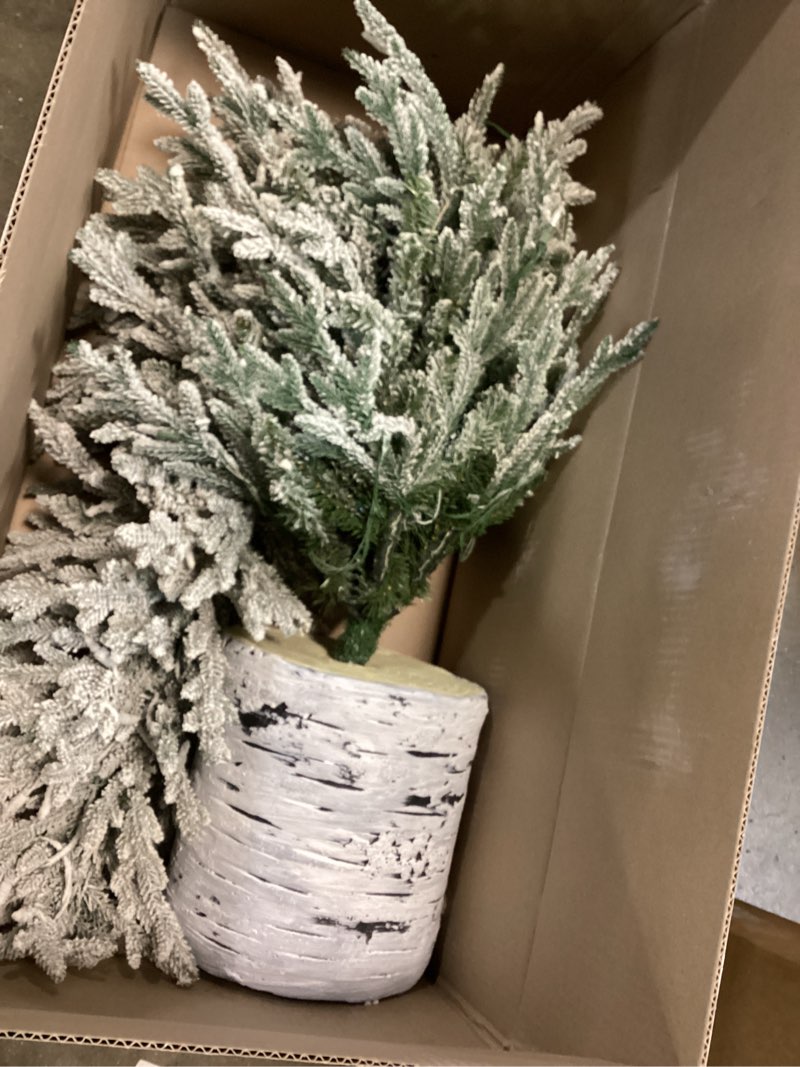 Condition photo showing As Is for Puleo International 6ft Pre-Lit Potted Flocked Arctic Fir Pencil Christmas Tree with 120 Warm White Lights, 1325 Realistic Dense Snow Flocked Branch Tips, Easy Setup Artificial Trees with Sturdy Stand 6' Flocked Arctic Fir 120 Clear Lights