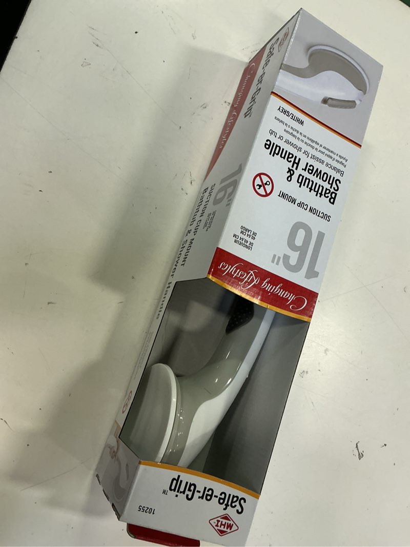 Condition photo showing As Is for Safe-er-Grip Changing Lifestyles Suction Cup Grab Bars For Bathtubs & Showers; Safety Bathroom Assist Handle, White & Grey, 16 Inches White/Grey 16 Inch (Pack of 1)