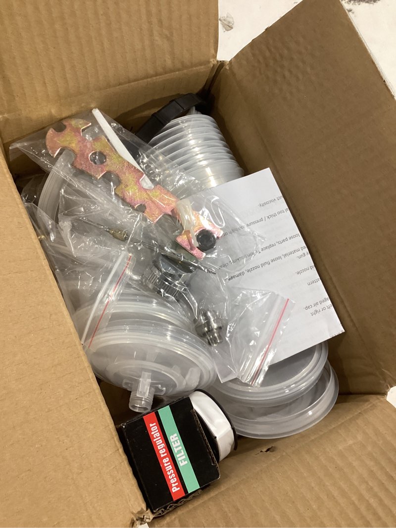 Condition photo showing New/Like New for hvlp air spray gun with 1.4/1.7/2mm nozzles & air compressor regulator, air spray paint gun w/10pcs 600cc mixing cup and lids, automotive paint sprayer for car, house painting, furniture (pink)