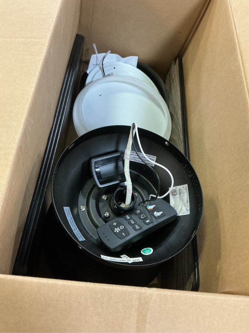 Condition photo showing As Is for harbor breeze crestwell 52-in matte black color-changing indoor flush mount ceiling fan with light and remote (5-blade)