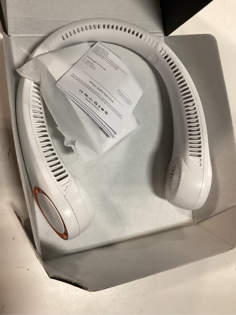 Condition photo showing New/Like New for civpower neck fan: portable personal neck cooling rechargeable bladeless fan - hands free 3 speed 4000 mah battery usb operated wearable headphone design - gift for men women outdoor (white)