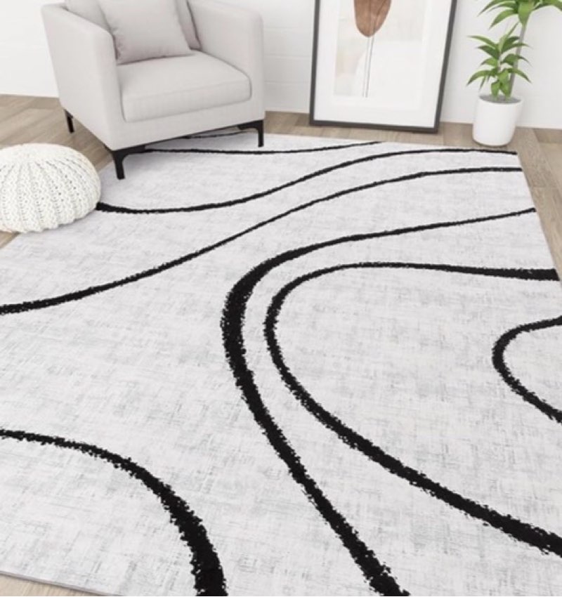 Soft Black and White Rug for Living Room, Ultra-Thin Non Slip Modern Minimalist Stripe Rugs for Bedroom, Large Rug for Dining Room Office Playroom
