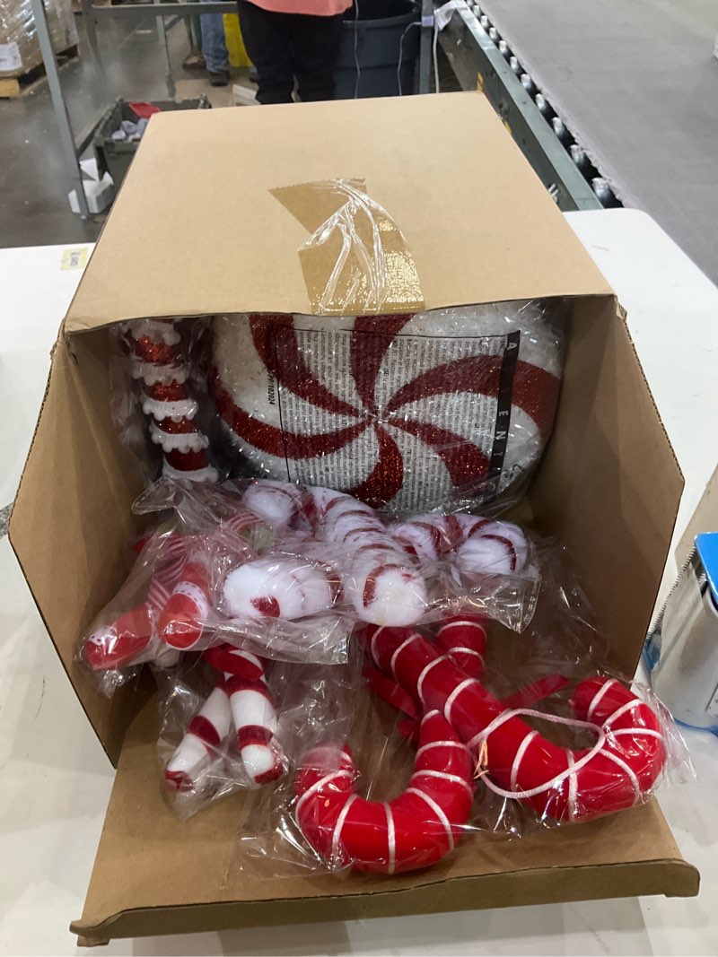Condition photo showing As Is for 12 Pcs 15.75'' Large Candy Cane Christmas Decorations Giant Lollipop Candy Xmas Decorations with Sticks Red and White Peppermint Decor for Christmas Tree Ornaments Party, 12 Styles