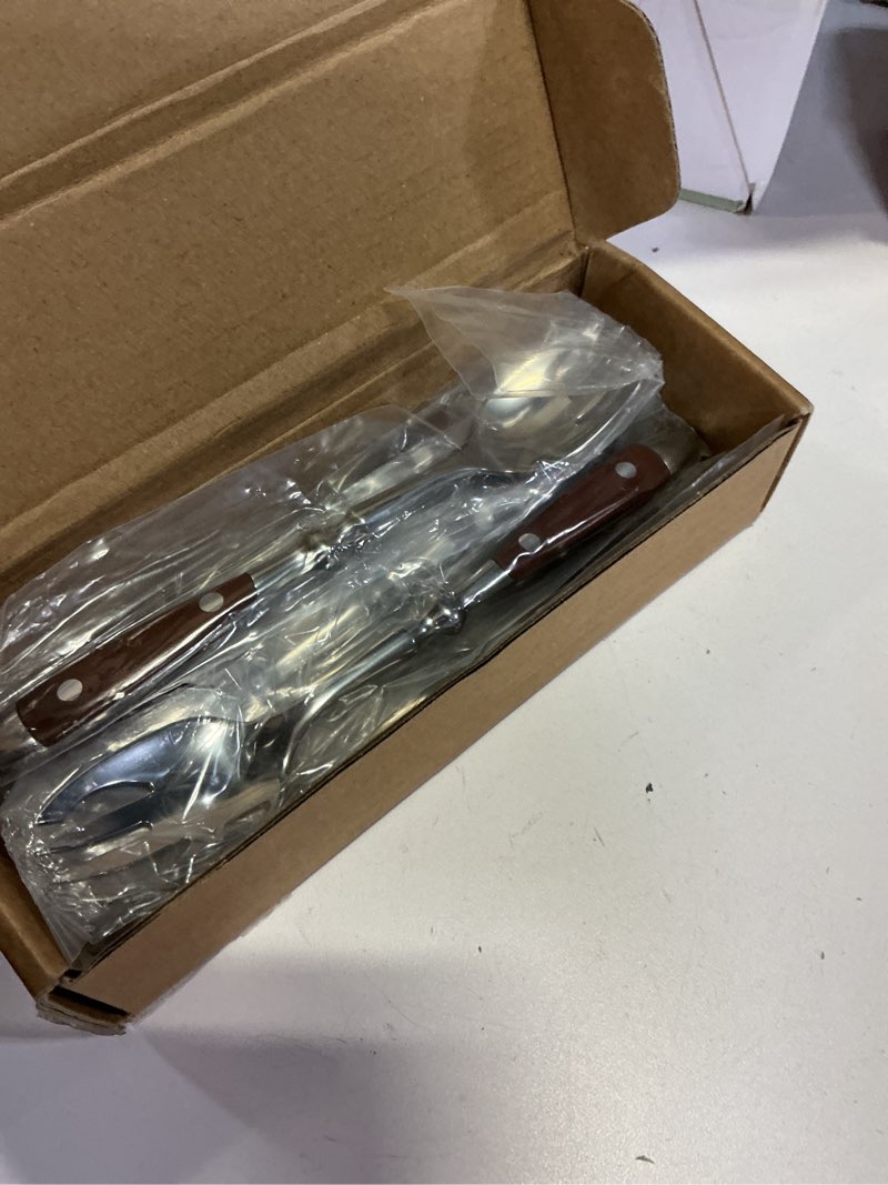 Condition photo showing Good Condition for sporks, 8-pack stainless steel sporks, 6.9 inches salad forks and spoons with wood grain bakelite handle for dessert, ice cream, salad, soup, noodle, spaghetti, dishwasher safe