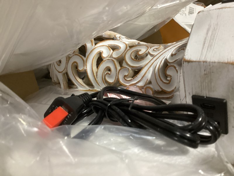 Condition photo showing New/Like New for 25'' Farmhouse Table Lamp for Living Room Bedroom, 2 USB Ports Vintage Rustic Nightstand Desk Lamp with Nightlight, White Hollow Out Resin Lamp for End Table (Bulb Included) 1 Pack-Wash White