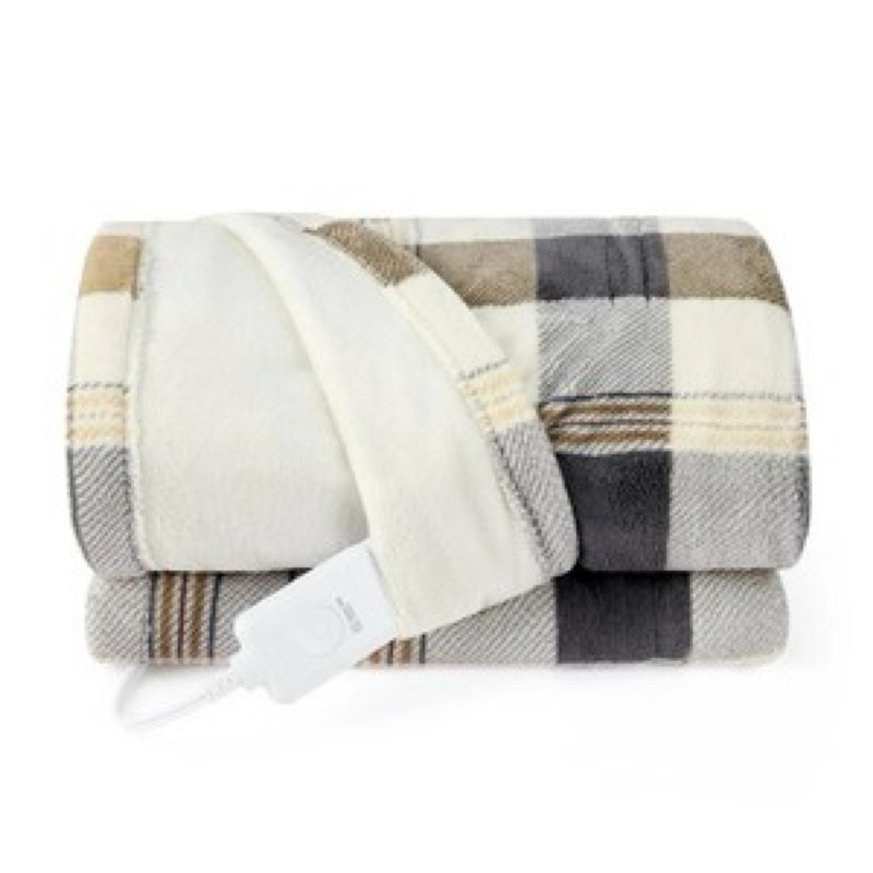 sunbeam 13683 electric heated throw blanket, neutral plaid microplush, 4 heat