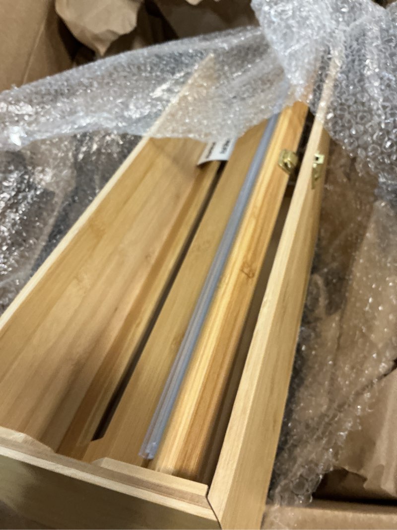 Condition photo showing As Is for 18 Inch Plastic Wrap Dispenser with Cutter & Roller, Heavy Duty Bamboo Commercial Film Wrap Holder for 3000ft Food Service Cling Film, 1000ft Foil, Butcher/Freezer/Kraft Paper