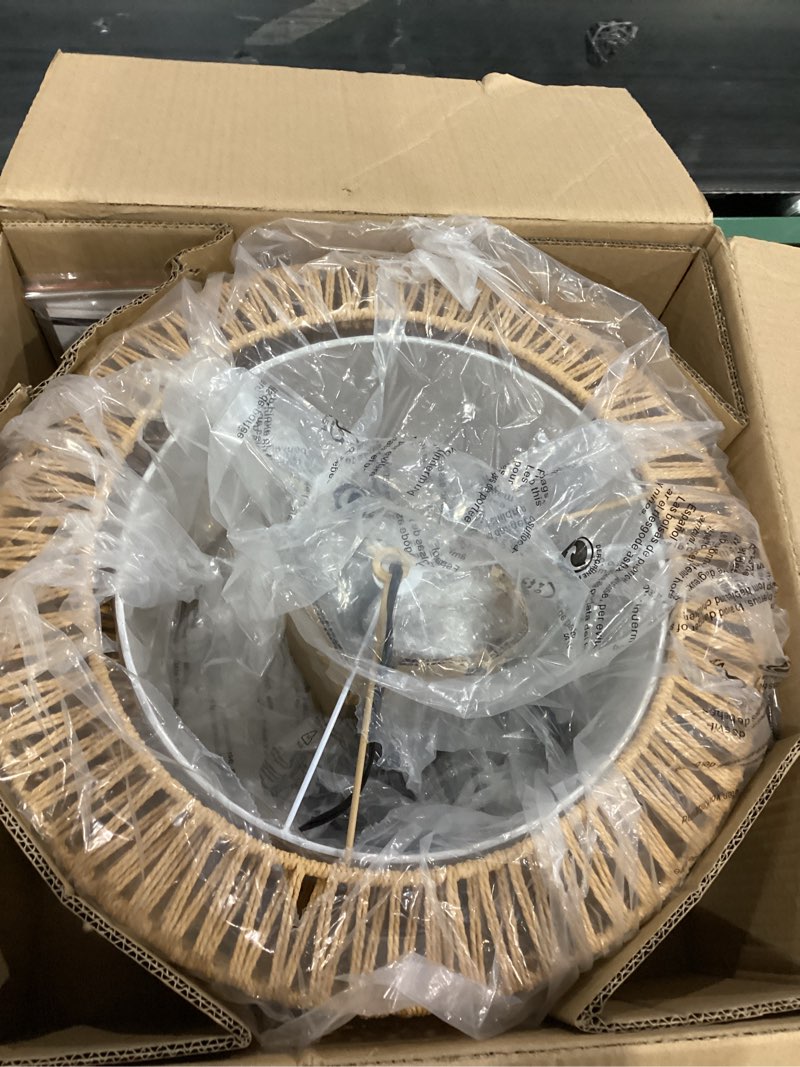 Condition photo showing Good Condition for farmhouse chandelier light fixture, 5-light rattan boho chandeliers for dining room, hand woven pendant light with linen shade, rustic hanging lighting for kitchen island, bedroom (bulb not included) bohemian