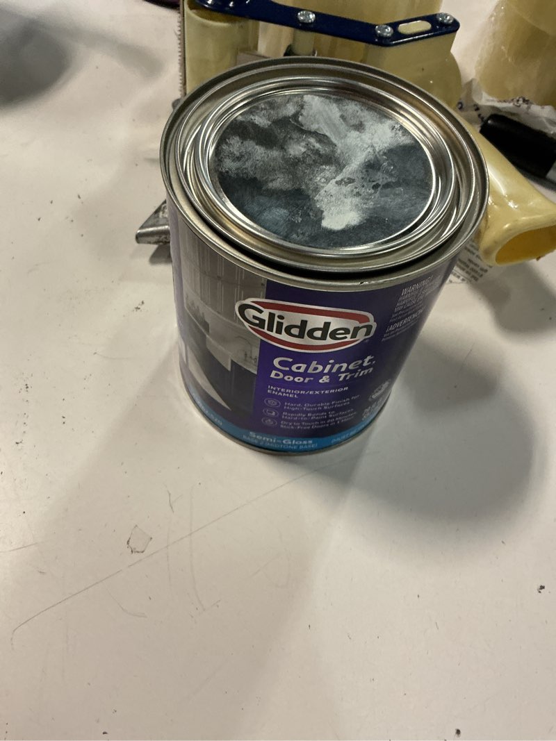 Condition photo showing As Is for glidden cabinet door and trim semi gloss paint, willow springs, 1 quart