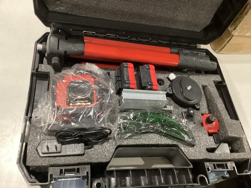 Condition photo showing As Is for used pieces missing laser level 16-line 4x360°4d green cross, with 2 batteries, remote control, aluminum base and 40” tripod, ip-54 waterproof, pulse mode for outdoor use for home renovation and construction