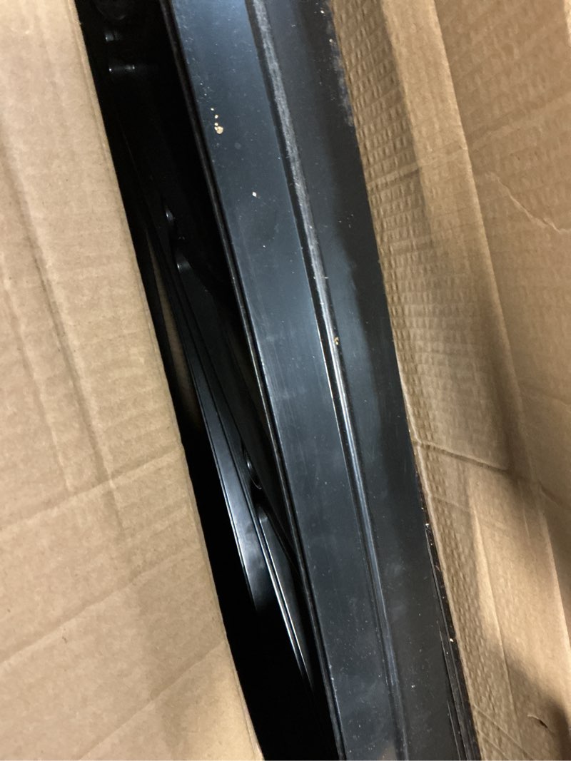 Condition photo showing As Is for 32x48'' door awning exterior, window canopy for front door, upf 50+ polycarbonate overhang cover for patio, porch, entryway, uv rain & snow protection black bracket/brown board 32x48in