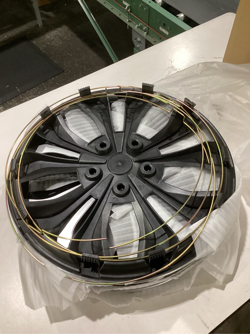 Condition photo showing New/Like New for premium universal hubcaps 17 inch, compatible with steel wheels, set of 4 (black-silver)