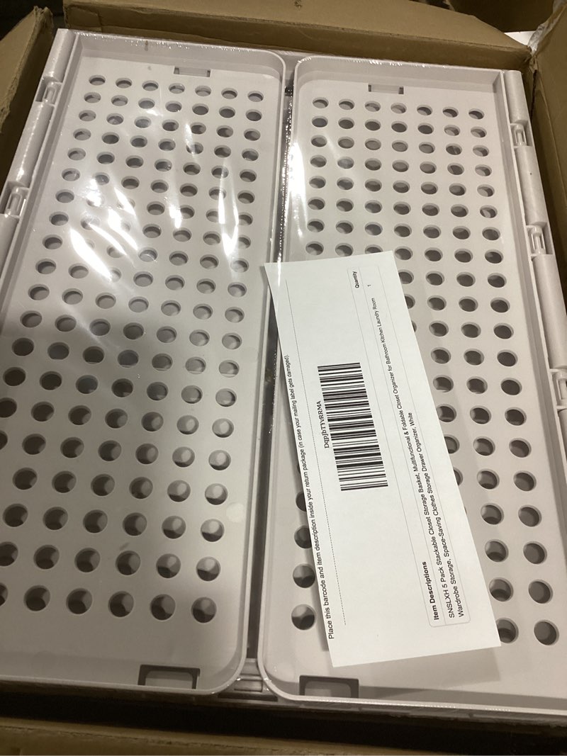 Condition photo showing New/Like New for SNSLXH 5 Pack Stackable Closet Storage Basket, Multifunctional & Foldable Closet Organizer for Bathroom Kitchen Laundry Room Wardrobe Storage, Space-Saving Clothes Storage Drawer Organizer, White White 5 Pack