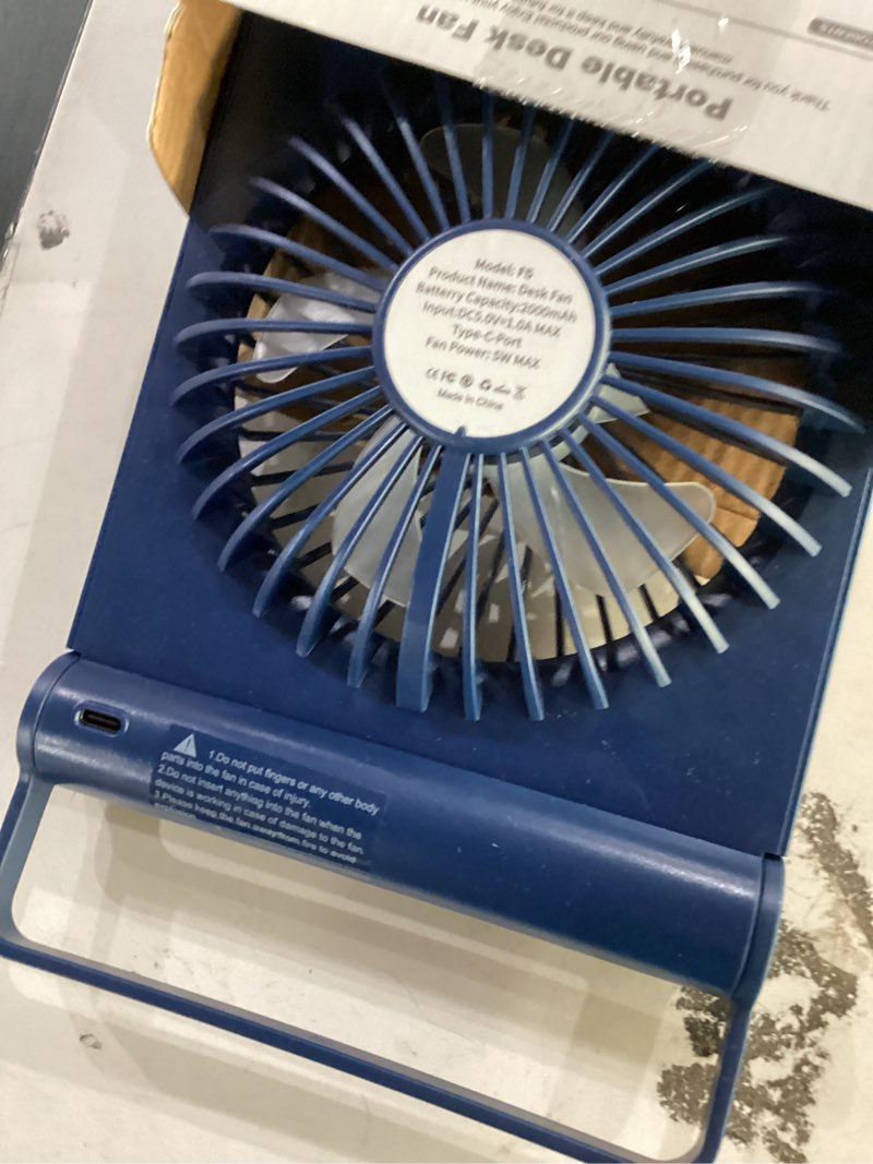Condition photo showing Good Condition for desk fan, rechargeable battery operated, 3 speeds ultra quiet strong wind | usb-c powered,180° tilt folding.25db quiet.2000mah battery:12/8.5/4.5hrs.portable,personal fan for desk,office,home,bedroom. blue