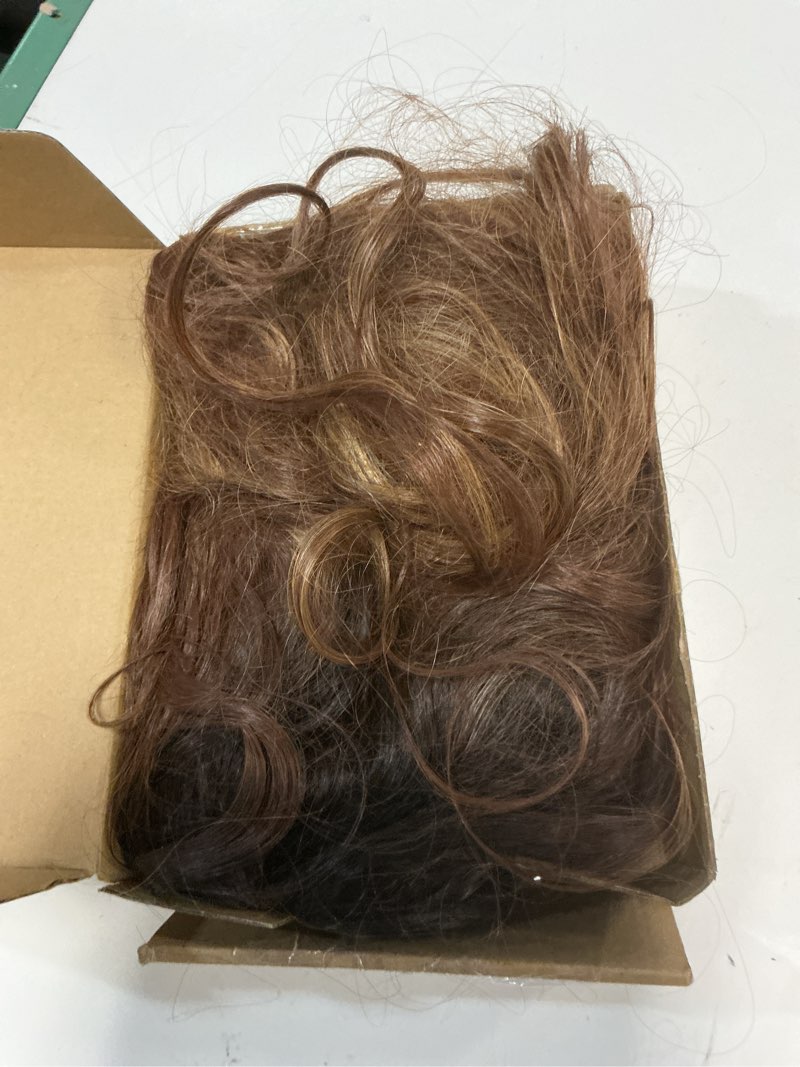 Condition photo showing As Is for mix highlight glueless synthetic hd lace front wig 26 inch ombre brown nature wave lace wig for women pre plucked nature hairline t part wig for daily life ready to wear 13*4*1 omber brown with highlight