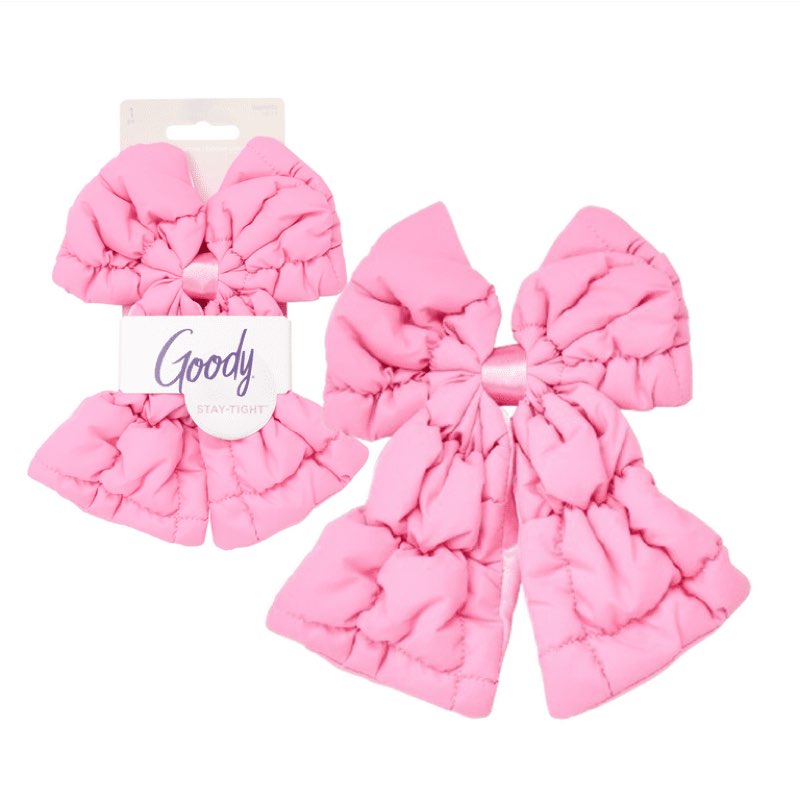 goody luxe puffer bow barrette, pinke, stay-tight hair clip, 1 count