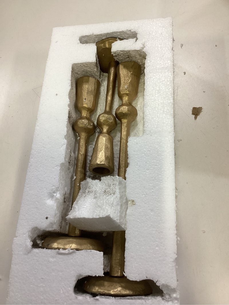 Condition photo showing Good Condition for Gold Taper Candle Holders Set of 3, Heavy Candlestick Holders Decorative Candle Stand for Table Centerpiece, Cast Iron Candle Stick Holder Decor Gold, Antique Brass