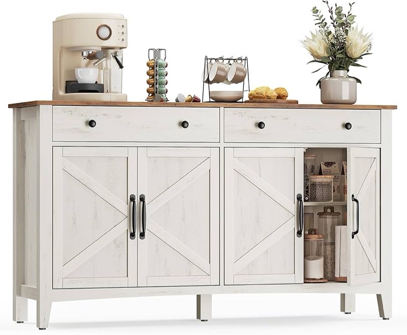 vasagle liry collection - buffet cabinet, coffee bar cabinet with 2 drawers, adjustable shelves, sideboard storage with cable holes, drawer dividers, rustic white and honey brown ubbk381w01