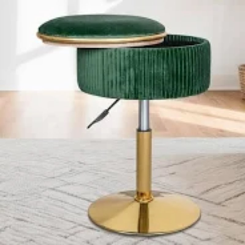 litzfur adjustable vanity stool with storage, 360° swivel gold chair, velvet small round ottoman footrest for bathroom, makeup room, green