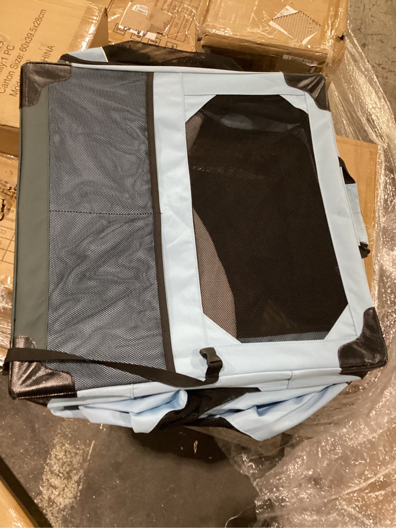 Condition photo showing As Is for petprsco portable collapsible dog crate, 24" soft dog crate for car travel | includes mat, blanket & bowl, strong fabric, 4-sided mesh vents, 3 doors, fit small dogs & large cats indoor and outdoor use blue 24.0"l x 17.0"w x 17.0"h