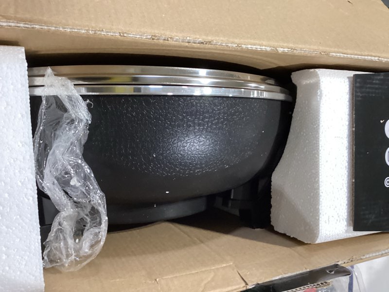 Condition photo showing Good Condition for ovente electric wok with nonstick coating, 13 inch family-sized skillet, 1400w power, adjustable temperature, tempered glass lid, cool touch handles and easy to clean frying surface, copper sk3113co 13 inch - copper