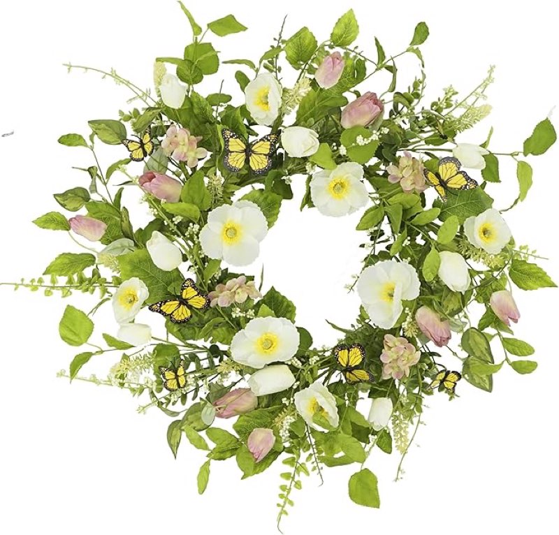 ynylchmx 18" summer spring flower wreath with white flower & green eucalyptus leaves & butterfly, artificial wreath green foliage wreath for wall window farmhouse party holiday home decor