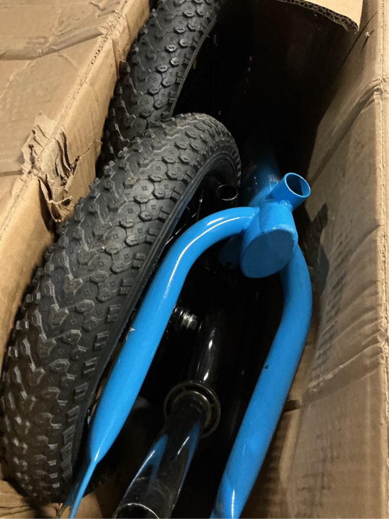 Condition photo showing As Is for 14 inch balance bike for kids 3-6 year old, no pedals, air rubber tires, adjustable height, pedalless bicycle for boys, girls, blue