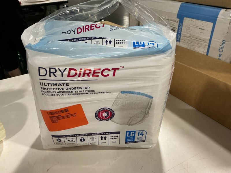 Condition photo showing New/Like New for dry direct ultimate protective underwear, soft cloth-like adult diapers, max absorbency disposable incontinence protection - large (pack of 14)