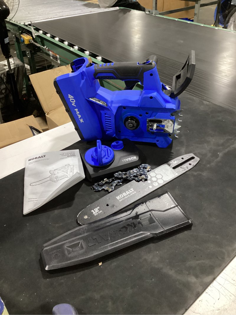 Condition photo showing As Is for kobalt 40-volt 33-cc 12-in battery chainsaw battery not included charger not included