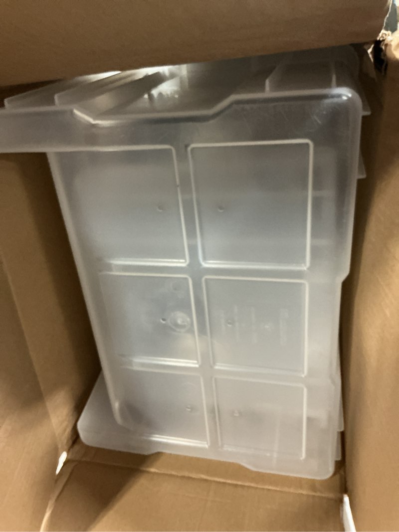 Condition photo showing As Is for akro-mils 13017 stak-n-store heavy duty stackable open front plastic storage container bin, (15" x 20" x 12-1/2"), clear, (3-pack) clear 12.7 gallons