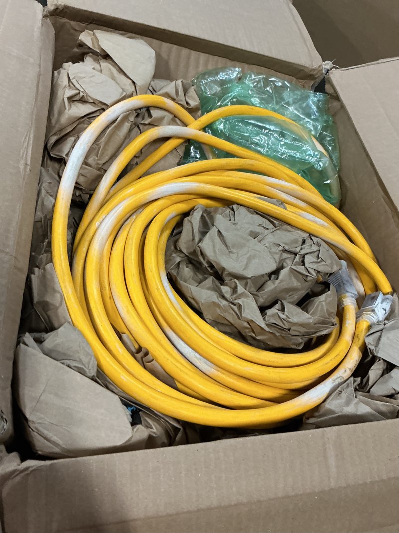 Condition photo showing As Is for 75ft outdoor/indoor extension cord 10/3 gauge ultra heavy duty 3 prong sjtw, waterproof, etl listed, flexible cold-resistant long power cord,15a 125v 1875w, yellow by lifesupplyusa 75 ft 10 gauge (ultra heavy duty) yellow