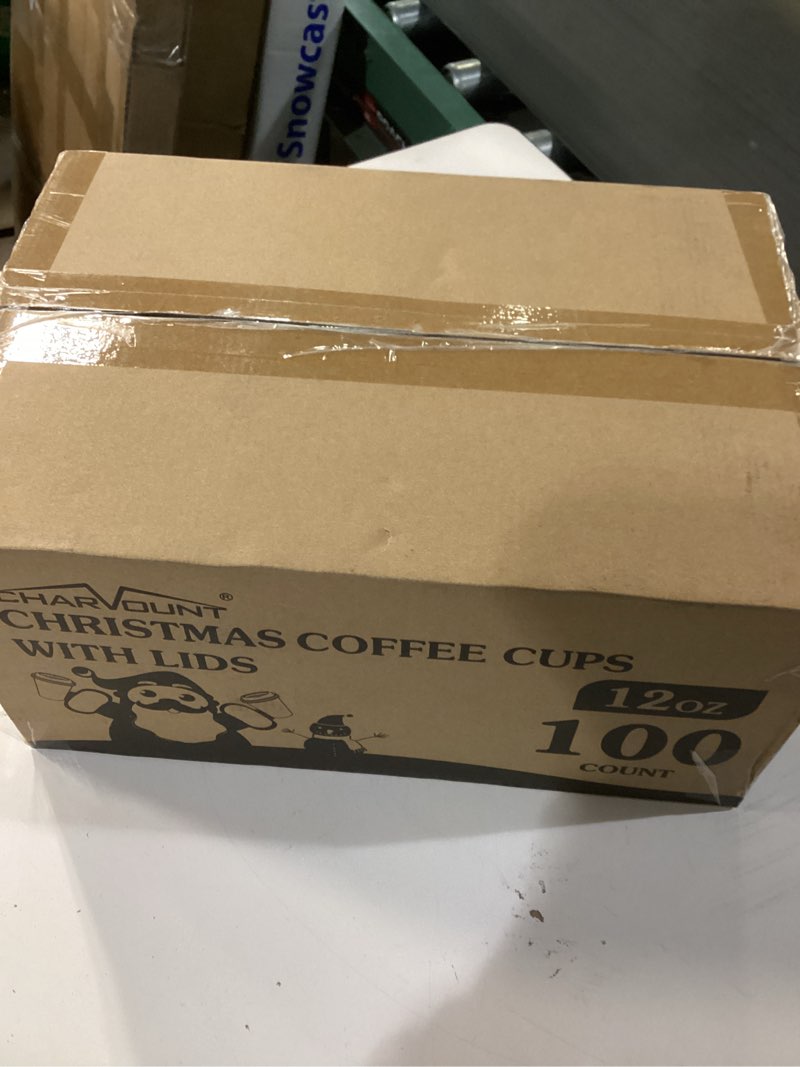 Condition photo showing New/Like New for Charmount 100Pcs 12 Oz Christmas Disposable Paper Coffee Cups with Lids, To Go Coffee Cups for Hot Chocolate, Cocoa, Hot Tea, Drinks and Christmas Party and Coffee Bars Decoration Supplies 12oz-Christmas