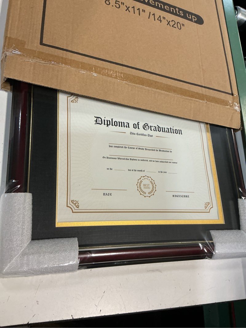 Condition photo showing New/Like New for GraduationMall Double 8.5x11 Diploma Frame,Solid Wood & Tempered Glass,Cherry Finish with Gold Trim,Black & Gold Mat Cherry With Gold Trim Double 8.5x11