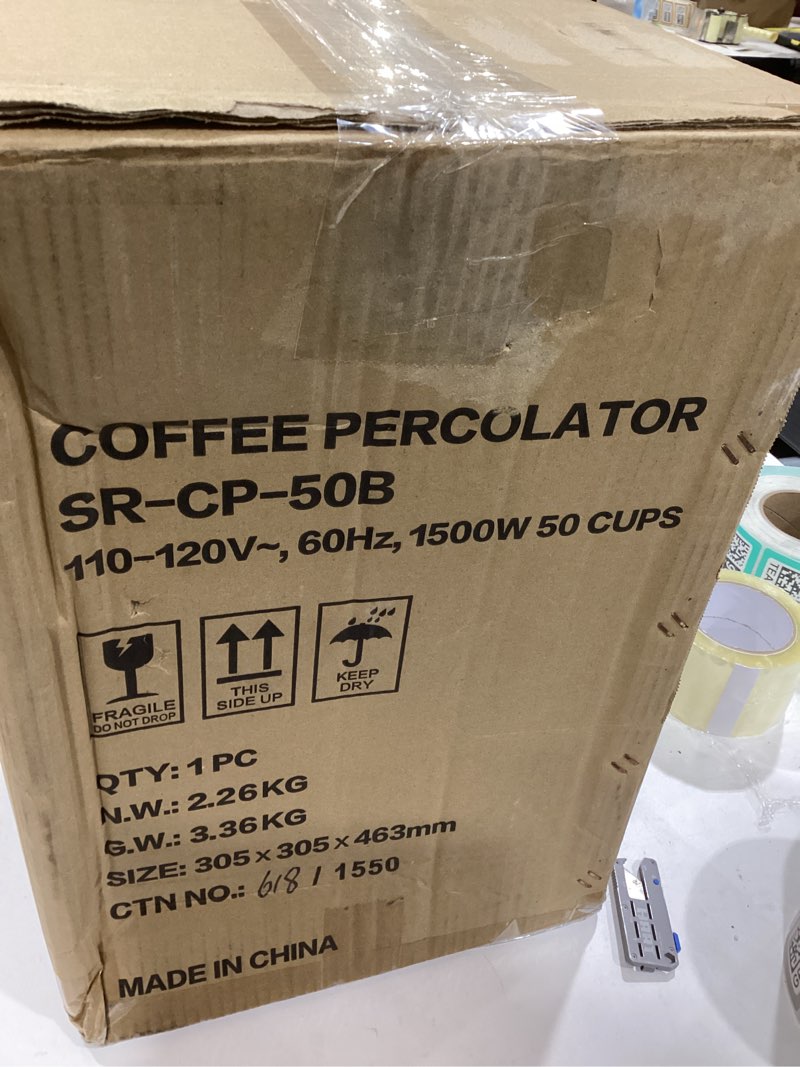 Condition photo showing As Is for SYBO SR-CP-50B Commercial Grade Stainless Steel Percolate Coffee Maker Hot Water Urn for Catering, 50-Cup 8 L, Metallic 8L Metallic