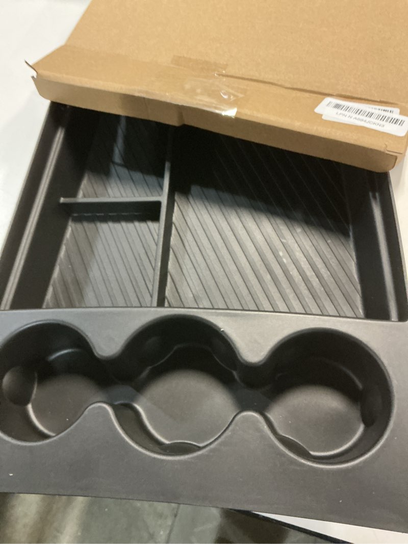 Condition photo showing Good Condition for Lower Center Console Organizer Compatible with Rivian R1T R1S 2024 2023 2022, Floor Console Storage Tray Insert with Cup Holder Interior Accessories Lower Console Tray