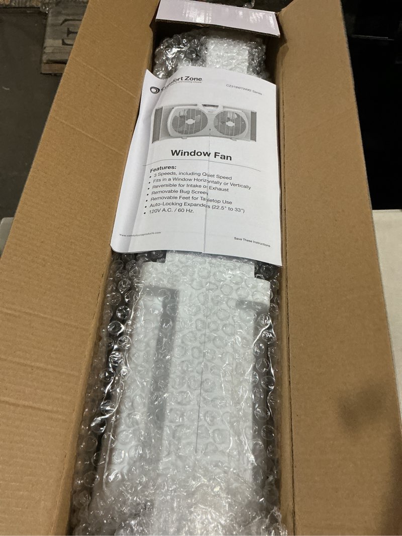 Condition photo showing Good Condition for comfort zone window fan for bedroom, 9 inch 3 speed dual fans with auto-locking expanders, window exhaust fan, removeable bug screen, white white 3-speed